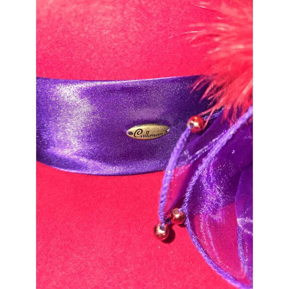 Red Hat Society Fancy Wool Hat with Handmade Designed Purple Trim and Feathers